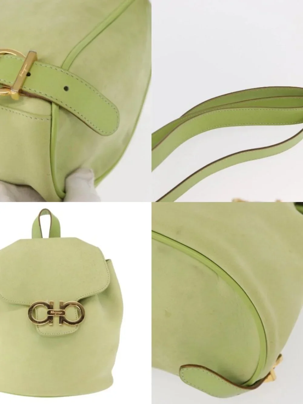 Salvatore Ferragamo Backpack Suede Gold Light green Auth 159800